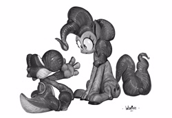Size: 3852x2650 | Tagged: safe, artist:winpuss, derpibooru import, pinkie pie, dinosaur, earth pony, pony, g4, black and white, crossover, duo, female, grayscale, mare, monochrome, simple background, sitting, super mario bros., white background, yoshi