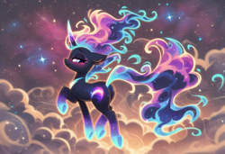 Size: 1216x832 | Tagged: safe, ai content, derpibooru import, generator:novelai, generator:stable diffusion, machine learning generated, oc, oc only, pony, unicorn, bedroom eyes, blushing, butt, cloud, ears, ethereal mane, ethereal tail, female, floppy ears, full body, horn, mare, nebula, plot, prompter needed, seductive look, smiling, solo, stars, tail, underhoof, unicorn oc