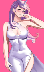Size: 800x1297 | Tagged: safe, artist:tzc, derpibooru import, fleur-de-lis, human, blushing, boob window, breasts, cleavage, clothes, female, fleur-de-seins, horn, horned humanization, humanized, pink background, simple background, solo