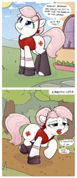 Size: 2396x5529 | Tagged: safe, artist:whiskeypanda, derpibooru import, nurse redheart, earth pony, pony, g4, /mlp/, 2 panel comic, armband, blushing, breath, clothes, comic, confident, drawthread, drool, exercise, exhausted, female, forest, hairband, haruno sakura, house, jacket, naruto, nature, open mouth, outdoors, panting, running, socks, solo, speech bubble, sunny day, sweat, talking to herself, tree
