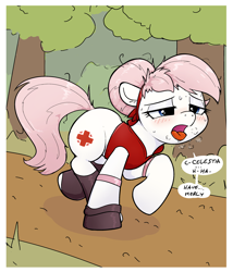 Size: 2396x2801 | Tagged: safe, alternate version, artist:whiskeypanda, derpibooru import, nurse redheart, earth pony, pony, /mlp/, armband, blushing, breath, clothes, comic, cropped, drawthread, drool, exercise, exhausted, female, forest, hairband, haruno sakura, jacket, naruto, nature, open mouth, outdoors, panting, running, socks, solo, speech bubble, sunny day, sweat, talking to herself, tree