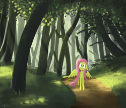 Size: 2122x1819 | Tagged: safe, artist:horselamp, derpibooru import, fluttershy, pegasus, crepuscular rays, forest, nature, solo, tree