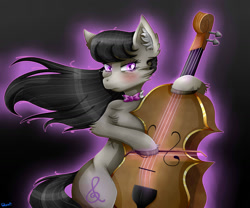 Size: 1280x1067 | Tagged: safe, artist:starblossom15, derpibooru import, octavia melody, earth pony, pony, semi-anthro, g4, bipedal, blushing, bow (instrument), bowtie, cello, cello bow, colored hooves, colored pinnae, crying, eyebrows, eyebrows visible through hair, eyelashes, female, flowing mane, fluffy, gradient background, hoof hold, hoof polish, lidded eyes, looking at something, mare, musical instrument, outline, shiny hooves, signature, solo