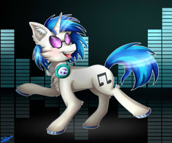 Size: 1280x1067 | Tagged: safe, artist:starblossom15, derpibooru import, dj pon-3, vinyl scratch, pony, unicorn, g4, blush lines, blushing, colored hooves, colored pinnae, equalizer, female, fluffy, glasses, gradient background, head turn, hoof polish, horn, mare, open mouth, open smile, outline, raised hoof, raised leg, shiny hooves, signature, smiling, solo, trotting, vinyl's glasses