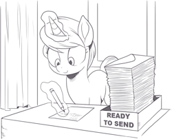 Size: 955x771 | Tagged: oc name needed, safe, artist:nauyaco, derpibooru import, oc, oc only, pony, unicorn, female, horn, magic, mare, monochrome, paper, solo