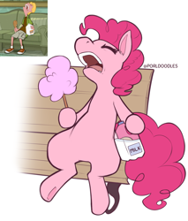 Size: 3095x3625 | Tagged: safe, artist:porldraws, derpibooru import, pinkie pie, earth pony, pony, bench, meme, phineas and ferb, reference used, simple background, sleeping, snoring, solo