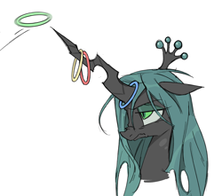 Size: 2228x1972 | Tagged: safe, artist:6ji5z6gmst1j2vs, derpibooru import, queen chrysalis, changeling, changeling queen, g4, crown, ears, eyeshadow, female, floppy ears, frown, jewelry, makeup, mundane utility, queen chrysalis is not amused, regalia, ring toss, simple background, solo, unamused, white background