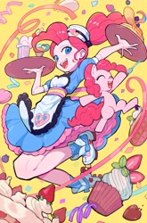 Size: 3672x5556 | Tagged: safe, artist:nainaier007, derpibooru import, pinkie pie, earth pony, human, pony, equestria girls, g4, apron, cake, candy, clothes, confetti, cupcake, dress, drink, eyes closed, food, hat, heart, human ponidox, milkshake, open mouth, open smile, pancakes, roller skates, self paradox, self ponidox, server pinkie pie, shoes, simple background, skates, smiling, sneakers, strawberry, streamers, tray, waffle, yellow background