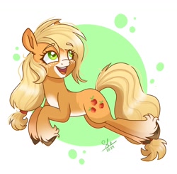 Size: 1250x1227 | Tagged: safe, artist:galaxy swirl, derpibooru import, applejack, earth pony, pony, g4, abstract background, alternate design, blaze (coat marking), circle background, coat markings, eyebrows, eyebrows visible through hair, facial markings, female, freckles, full body, hairband, mare, open mouth, open smile, pale belly, smiling, solo, unshorn fetlocks