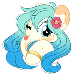 Size: 1324x1357 | Tagged: safe, artist:emberslament, derpibooru import, oc, oc only, oc:seascape, earth pony, pony, coat markings, cute, doodle, earth pony oc, female, flower, flower in hair, gradient mane, heart, heart eyes, mare, mottled coat, one eye closed, simple background, tongue, tongue out, transparent background, wingding eyes, wink