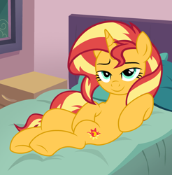 Size: 2374x2410 | Tagged: safe, artist:shieldwingarmorofgod, derpibooru import, sunset shimmer, pony, unicorn, g4, bed, bedroom eyes, female, horn, smiling, solo, stupid sexy sunset shimmer, sultry pose