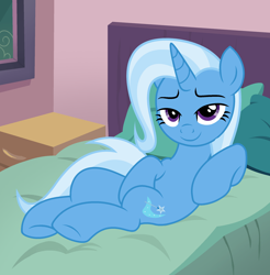 Size: 2374x2410 | Tagged: safe, artist:shieldwingarmorofgod, derpibooru import, trixie, pony, unicorn, g4, bed, bedroom, bedroom eyes, horn, smiling, solo, stupid sexy trixie, sultry pose