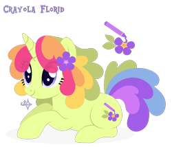 Size: 3500x3000 | Tagged: safe, artist:kabuvee, derpibooru import, oc, oc only, oc:crayola florid, pony, unicorn, eye clipping through hair, female, flower, flower in hair, horn, lying down, mare, multicolored hair, prone, rainbow hair, simple background, solo, transparent background