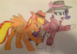 Size: 2840x2007 | Tagged: safe, artist:mlptmntfan2000, derpibooru import, rarity, oc, oc:firey ratchet, pegasus, pony, unicorn, g4, clothes, detective, detective rarity, duo, duo female, fedora, female, hat, horn, magnifying glass, male, sketch, traditional art, trenchcoat