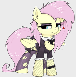 Size: 866x872 | Tagged: safe, artist:whiskeypanda, derpibooru import, fluttershy, pegasus, pony, /mlp/, aggie.io, armband, bow, clothes, cutout, drawthread, eyeshadow, female, fluttergoth, frown, garter belt, goth, jewelry, looking at you, makeup, ripped stockings, simple background, stockings, thigh highs, torn clothes