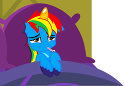 Size: 1048x720 | Tagged: safe, artist:shieldwingarmorofgod, derpibooru import, oc, oc only, oc:shield wing, alicorn, bed, blanket, male, pillow, sick, simple background, solo, thermometer, transparent background