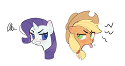 Size: 1893x999 | Tagged: safe, artist:pitaya, derpibooru import, applejack, rarity, earth pony, pony, unicorn, angry, bust, duo, duo female, female, horn, mare, portrait, simple background, tongue, tongue out, white background