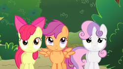 Size: 1302x731 | Tagged: safe, derpibooru import, screencap, apple bloom, scootaloo, sweetie belle, earth pony, pegasus, pony, unicorn, g4, the show stoppers, cutie mark crusaders, female, horn, trio, trio female