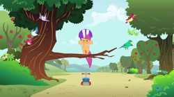 Size: 1295x725 | Tagged: safe, derpibooru import, screencap, scootaloo, pegasus, pony, g4, the show stoppers, female, helmet, jumping, scootaloo's scooter, tree, tree branch