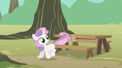 Size: 1301x725 | Tagged: safe, derpibooru import, screencap, sweetie belle, pony, unicorn, g4, the show stoppers, female, horn, picnic table, solo, sweepy belle, table