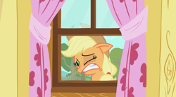 Size: 1303x722 | Tagged: safe, derpibooru import, screencap, applejack, pony, g4, the show stoppers, apple, apple tree, clubhouse, crusaders clubhouse, female, gritted teeth, one eye closed, solo, teeth, tree, window