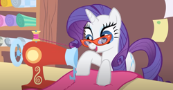 Size: 1296x672 | Tagged: safe, derpibooru import, screencap, rarity, unicorn, g4, suited for success, female, glasses, horn, rarity's glasses, sewing, sewing machine, solo