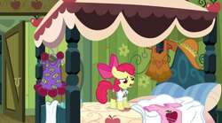 Size: 1302x722 | Tagged: safe, derpibooru import, screencap, apple bloom, earth pony, pony, g4, one bad apple, bed, clothes, female, filly, foal, shirt, solo