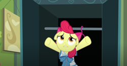 Size: 1310x682 | Tagged: safe, derpibooru import, screencap, apple bloom, earth pony, g4, one bad apple, closet, clothes hanger, female, solo