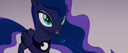 Size: 1920x804 | Tagged: safe, derpibooru import, screencap, princess luna, alicorn, pony, g4, my little pony: the movie, chestplate, collar, crown, cutie mark, ethereal mane, female, folded wings, galaxy mane, galaxy tail, jewelry, mare, princess luna's cutie mark, regalia, solo, wings, wings down