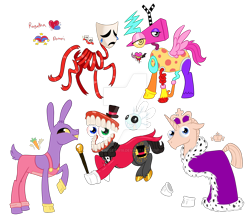 Size: 1920x1664 | Tagged: safe, artist:moondeer1616, derpibooru import, earth pony, original species, pegasus, unicorn, ambiguous gender, bubble (tadc), caine (tadc), clothes, crown, crying, cutie mark, deviantart watermark, female, gangle, gloves, horn, jax (tadc), jewelry, kinger, male, mask, obtrusive watermark, raised hoof, raised leg, regalia, ribbon, simple background, tail, teeth, the amazing digital circus, transparent background, watermark, zooble
