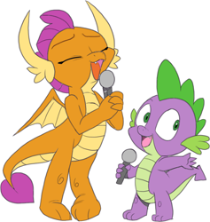 Size: 862x910 | Tagged: safe, artist:nauyaco, color edit, derpibooru import, edit, smolder, spike, dragon, g4, colored, duo, duo male and female, female, male, microphone, simple background, white background