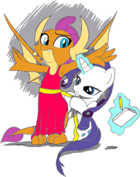 Size: 1132x1426 | Tagged: safe, artist:nauyaco, color edit, derpibooru import, edit, rarity, smolder, dragon, pony, unicorn, g4, anxious, arms out, clothes, colored, dress, dressmaking, duo, duo female, female, horn, levitation, magic, notepad, pencil, ruler, simple background, smiling, smolder also dresses in style, spread wings, telekinesis, white background, wings