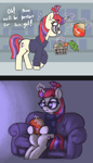 Size: 1320x2310 | Tagged: safe, artist:t72b, derpibooru import, moondancer, pony, unicorn, g4, basket, before and after, candy, carrot, clothes, crying, eating, female, food, hoof hold, horn, lonely, magic, mare, sitting, sofa, solo, store, sweater, teary eyes