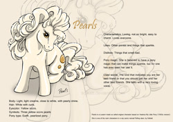 Size: 842x595 | Tagged: safe, artist:solkatt, derpibooru import, oc, oc only, oc:pearls, earth pony, pony, comic:falling stars, g1, female, g1 oc, gray background, head turn, light gray background, looking at you, mare, pearlized pony, reference sheet, simple background, sitting, solo, zoom layer