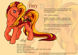 Size: 842x595 | Tagged: safe, artist:solkatt, derpibooru import, oc, oc only, oc:fiery, pony, twinkle eyed pony, unicorn, comic:falling stars, g1, bow, female, g1 oc, head turn, horn, mare, raised hoof, raised leg, reference sheet, simple background, solo, tail, tail bow, yellow background, zoom layer