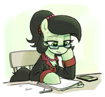 Size: 642x590 | Tagged: safe, artist:plunger, derpibooru import, oc, oc only, oc:anon filly, oc:anon-mare, pony, beads, cellphone, chair, clipboard, clothes, documents, female, filly, foal, glasses, hoof on chin, imported from twibooru, jewelry, lidded eyes, looking down, mare, necklace, office lady, older, passepartout, phone, smartphone, solo, suit, tired
