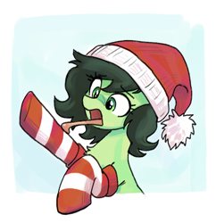 Size: 479x495 | Tagged: safe, artist:plunger, derpibooru import, oc, oc only, oc:anon filly, pony, candy, candy cane, chest fluff, christmas, clothes, female, filly, foal, food, hat, holiday, imported from twibooru, licking, passepartout, png, santa hat, socks, solo, striped socks, tongue, tongue out, tongue stuck to pole