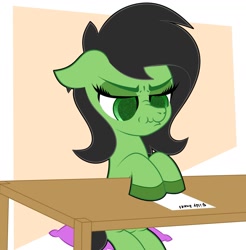 Size: 1391x1414 | Tagged: safe, artist:scandianon, derpibooru import, oc, oc only, oc:anon filly, annoyed, female, filly, foal, furrowed brow, horse taxes, indoors, lidded eyes, looking down, nose wrinkle, scrunchy face, sitting, table, taxes