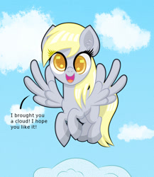 Size: 1300x1500 | Tagged: safe, artist:scandianon, derpibooru import, derpy hooves, pegasus, pony, g4, cloud, cross-eyed, cute, derpabetes, female, flying, happy, looking at you, mare, open mouth, open smile, present, sky, smiling, spread wings, talking to viewer, wings