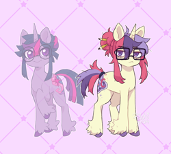 Size: 1774x1589 | Tagged: safe, artist:paichitaron, derpibooru import, moondancer, twilight sparkle, unicorn twilight, pony, unicorn, g4, alternate design, duo, duo female, female, frown, glasses, hair bun, horn, mare, messy mane, patterned background, pencil in hair, purple background, round glasses, signature, simple background, unshorn fetlocks