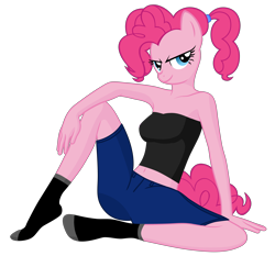 Size: 4840x4518 | Tagged: safe, alternate version, artist:lexx disaster, derpibooru import, edit, edited edit, pinkie pie, anthro, earth pony, g4, anonymous editor, bare shoulders, breasts, clothes, denim, denim shorts, looking at you, pigtails, shorts, simple background, sleeveless, socks, solo, strapless, transparent background, tube top, twintails