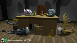 Size: 2560x1440 | Tagged: safe, artist:sjdiene, derpibooru import, gabby, gilda, griffon, g4, 3d, angry birds, chair, detachable head, disassembly fetish, duo, duo female, female, looking at each other, looking at someone, modular, table