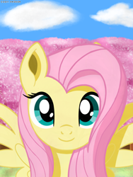 Size: 3600x4800 | Tagged: safe, artist:codenamekid, derpibooru import, fluttershy, pegasus, pony, g4, cherry blossoms, cloud, cute, digital art, female, flower, flower blossom, forest, forest background, grass, highlights, long mane, looking at you, mare, morning, nature, shading, shyabetes, sky, smiling, smiling at you, solo, spread wings, tree, wings