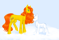 Size: 2040x1382 | Tagged: safe, derpibooru import, oc, oc only, oc:anna pine, earth pony, concave belly, freckles, height difference, pineapple, raised leg, simple background, slender, snow, snowpony, solo, thin