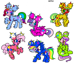 Size: 1280x1099 | Tagged: safe, artist:beetalz, derpibooru import, applejack, fluttershy, pinkie pie, rainbow dash, rarity, twilight sparkle, alicorn, earth pony, pegasus, pony, unicorn, g4, alternate design, cactus, female, horn, mane six, mare, onesie, simple background, tokidoki, white background