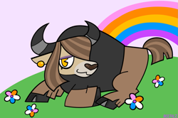 Size: 1459x969 | Tagged: safe, artist:beetalz, derpibooru import, oc, oc:shunks, yak, female, grass, pink sky, rainbow, smiling, solo, yak oc