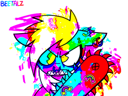 Size: 1600x1200 | Tagged: safe, artist:beetalz, derpibooru import, derpy hooves, pony, g4, abstract background, angry, chainsaw, colorful, cross-eyed, ear piercing, earring, ears, floppy ears, frown, gritted teeth, jewelry, looking at you, nose piercing, nose ring, piercing, scenecore, simple background, solo, sticker, teeth, white background