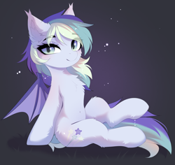 Size: 3821x3614 | Tagged: safe, artist:empress-twilight, derpibooru import, oc, oc only, oc:wisty starshine, bat pony, pony, belly, belly button, blushing, chest fluff, cute, ear fluff, ears, female, fluffy, gradient background, leaning, leaning back, mare, sitting, smiling, solo