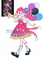 Size: 2008x2688 | Tagged: safe, artist:nainaier007, derpibooru import, pinkie pie, human, equestria girls, g4, balloon, bow, clothes, dress, hair bow, musical instrument, reference used, shoes, simple background, socks, solo, trumpet, white background