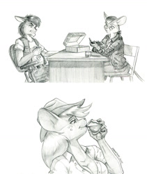 Size: 1100x1304 | Tagged: safe, artist:baron engel, derpibooru import, applejack, oc, oc:king trafalgar maximilian augustus leopold iii, anthro, mouse, g4, applejack's hat, breasts, cleavage, clothes, cowboy hat, female, hat, male, monochrome, mousified, pencil drawing, simple background, species swap, story included, traditional art, white background